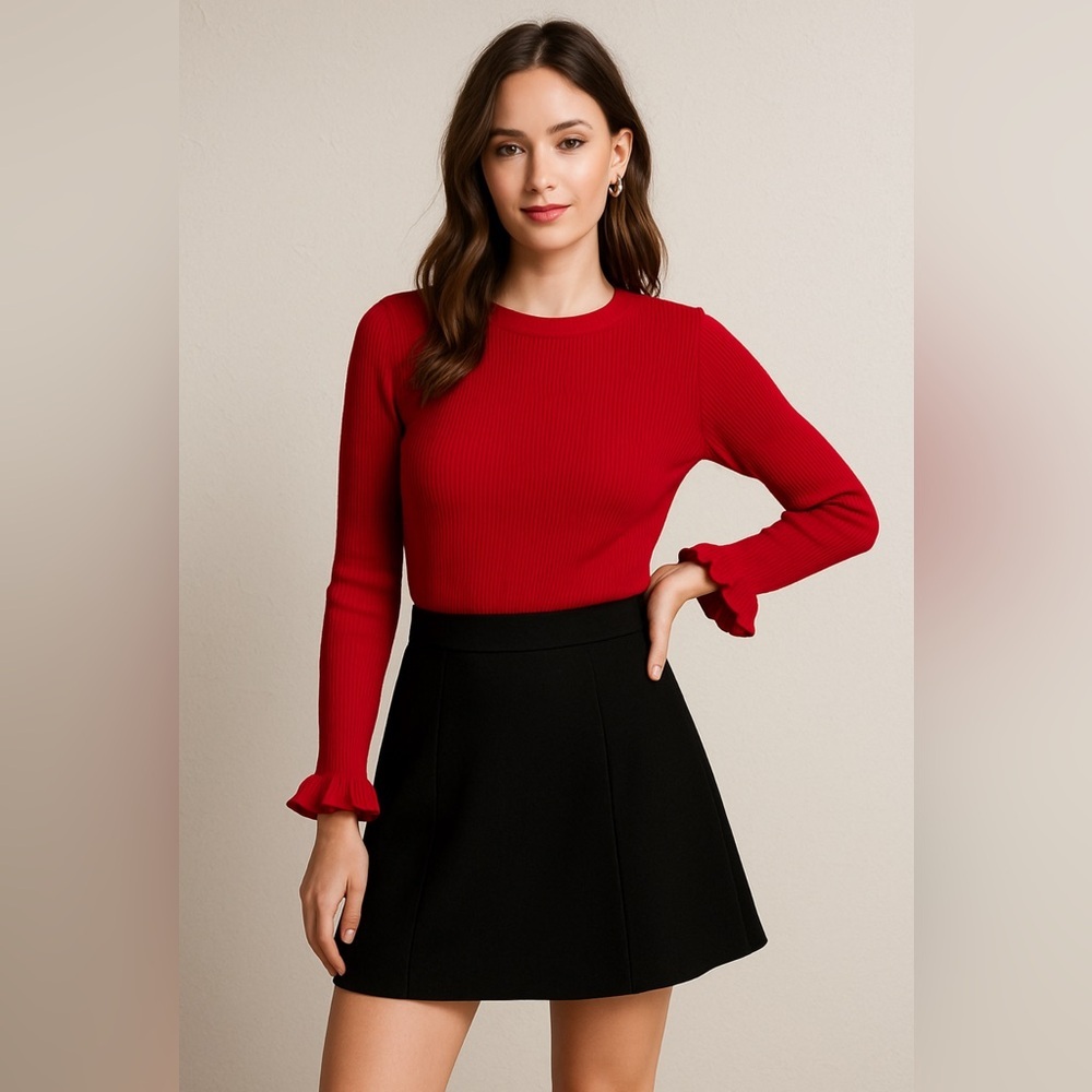 Tahari Vibrant Red Holiday Ribbed Long Ruffled Sleeve Top Party Christmas Large